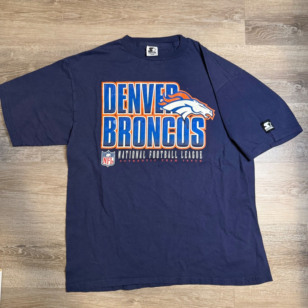 Vintage Starter Denver Broncos NFL T-Shirt Mens Large Navy Blue Graphic Tee 90s